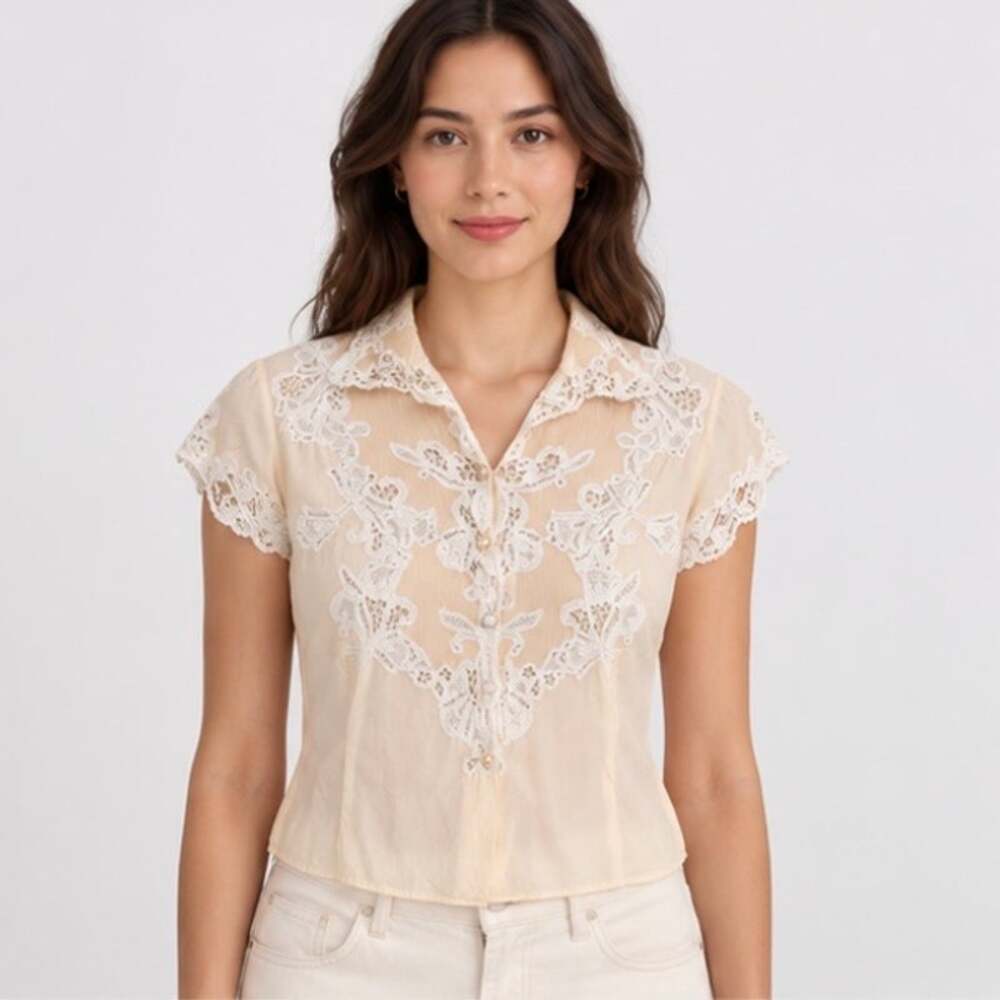 Vintage Butter Yellow Lace Top Victorian Style Blouse Pearl Buttons Cropped -